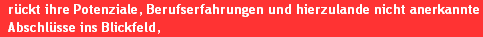 r�ckt ihre Potenziale, Berufserfahrungen und hierzulande nicht anerkannte 
  Abschl�sse ins Blickfeld,